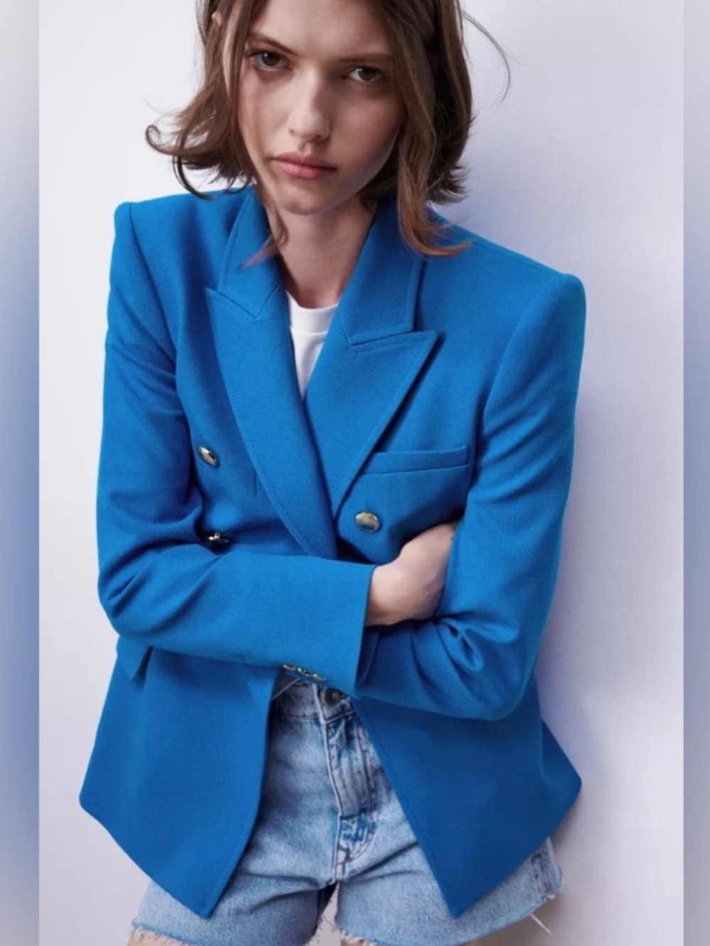 Rare Zara Bright Blue Double-Breasted Blazer with Gold Buttons